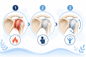 Medical infographic illustrating the three stages of frozen shoulder, showing an inflamed joint capsule, a stiff restricted shoulder, and gradual recovery with improved mobility.