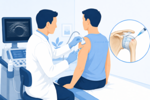 Flat healthcare illustration of a doctor performing an ultrasound-guided corticosteroid injection into a patient's shoulder in a modern clinical setting.