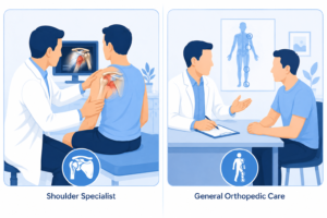 Split-panel medical illustration comparing a shoulder specialist performing a focused shoulder examination with a general orthopedic consultation for broader musculoskeletal care.
