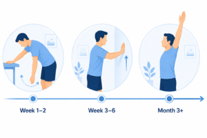 Timeline infographic showing shoulder rehabilitation after corticosteroid injection with pendulum exercises in Weeks 1–2, wall-walk stretches in Weeks 3–6, and full overhead arm movement by Month 3+.