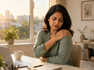Shoulder Pain Causes and Treatment: Complete Orthopedic Guide 2 South Asian woman experiencing shoulder pain causes at desk — early treatment and diagnosis at Move & Shine Bangalore