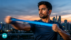 Shoulder Pain Causes and Treatment: Complete Orthopedic Guide 4 Shoulder pain treatment exercise — man performing resistance band rehabilitation at Move & Shine Orthopedic Wellness Bangalore