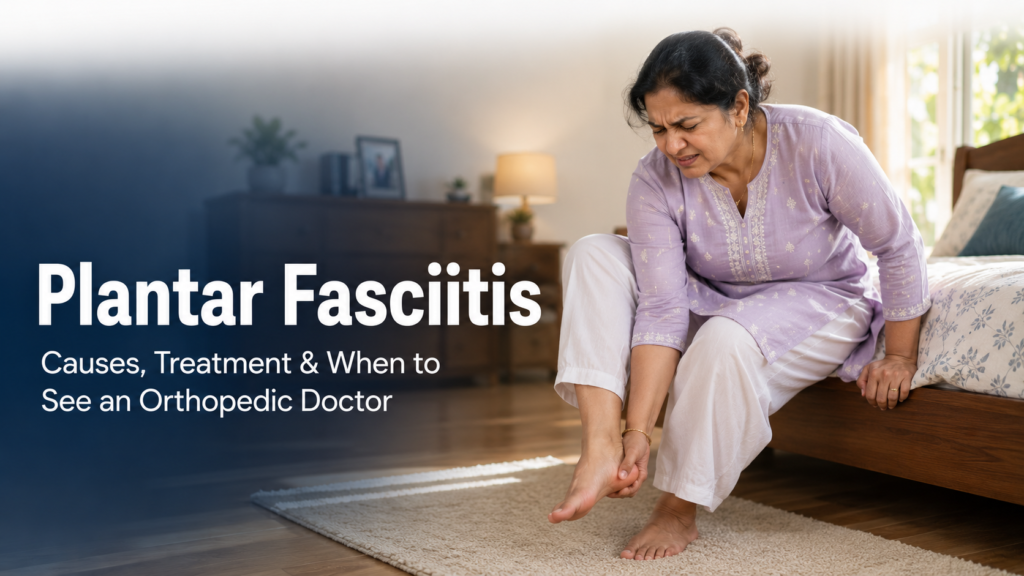 Middle-aged Indian woman experiencing morning heel pain from plantar fasciitis, featured image for a guide on causes, treatment, and when to see an orthopedic doctor