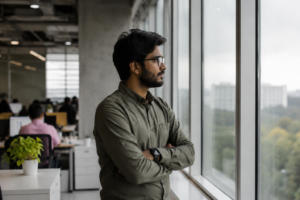 Person looking out the window during a 20 second eye break from screen