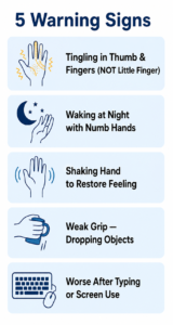 Carpal Tunnel Syndrome warning signs including tingling fingers, nighttime numbness, shaking hands, weak grip, and symptoms after typing.