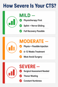 Carpal Tunnel Syndrome severity stages showing mild, moderate, and severe symptoms and treatment options.