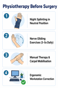 Carpal Tunnel Syndrome warning signs including tingling fingers, nighttime numbness, shaking hands, weak grip, and symptoms after typing.