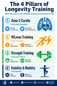 4 pillars of longevity training infographic — Zone 2 cardio, VO2max training, strength training, and stability work — evidence-based exercise framework from Move & Shine Orthopedic Clinic Uttarahalli Bangalore