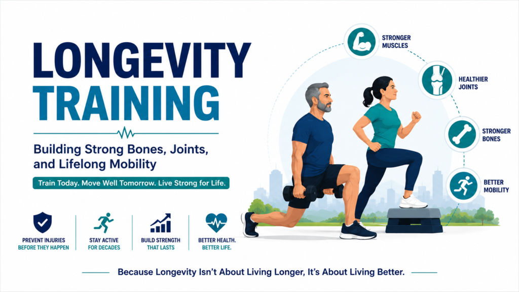 Longevity training infographic showing two adults performing strength exercises, surrounded by icons representing stronger muscles, healthier joints, stronger bones, and better mobility. Text highlights building strong bones, joints, and lifelong mobility.