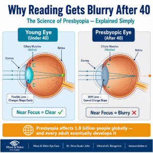 presbyopia anatomy infographic showing how the eye loses near focus after 40 — Move & Shine Eye Care Bangalore
