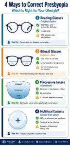 4 types of presbyopia correction infographic — reading glasses bifocals progressive lenses multifocal contacts — Move & Shine Eye Care Bangalore