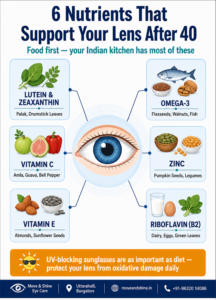 nutrition for lens health after 40 infographic showing lutein vitamin C omega-3 and Indian food sources — Move & Shine Eye Care Bangalore