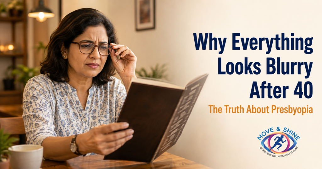 ndian woman over 40 wearing reading glasses and holding a menu at arm’s length, illustrating blurry near vision caused by presbyopia, with text reading “Why Everything Looks Blurry After 40 – The Truth About Presbyopia” and Move & Shine Eye Clinic logo.