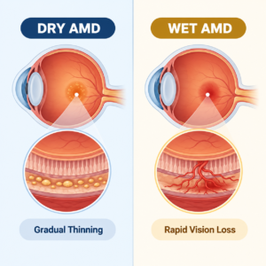 Comparison illustration of dry versus wet age-related macular degeneration
