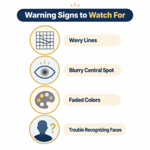 Warning signs of macular degeneration including wavy lines and blurry central vision