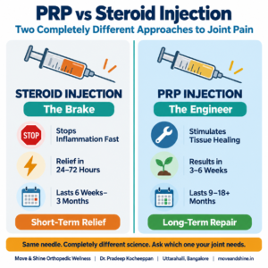 PRP vs steroid injection comparison infographic for knee and shoulder pain — Move & Shine Orthopedic Wellness Uttarahalli Bangalore Dr Pradeep Kocheeppan