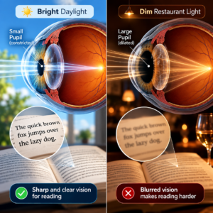 Presbyopia: Why Reading Glasses Become Necessary After 40 4 Comparative optical diagram demonstrating pupil constriction and sharp focus in daylight versus pupil dilation and text blur in dim lighting