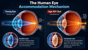 Presbyopia: Why Reading Glasses Become Necessary After 40 1 3D medical diagram comparing a flexible young eye lens focusing light on the retina versus a hardened age 40 plus lens focusing light behind the retina