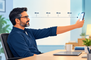 Presbyopia: Why Reading Glasses Become Necessary After 40 2 Vector illustration of an adult holding a smartphone at full arm length with a measurement ruler showing increased reading distance due to presbyopia