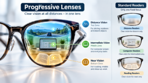 Presbyopia: Why Reading Glasses Become Necessary After 40 3 Product breakdown of progressive eyeglass lenses showing cyan distance, green intermediate, and amber reading focal zones