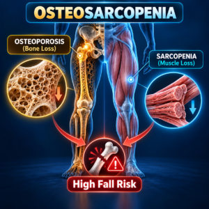Anatomical medical infographic illustrating osteosarcopenia as a dual condition combining osteoporosis bone loss and sarcopenia muscle thinning in the hips and legs