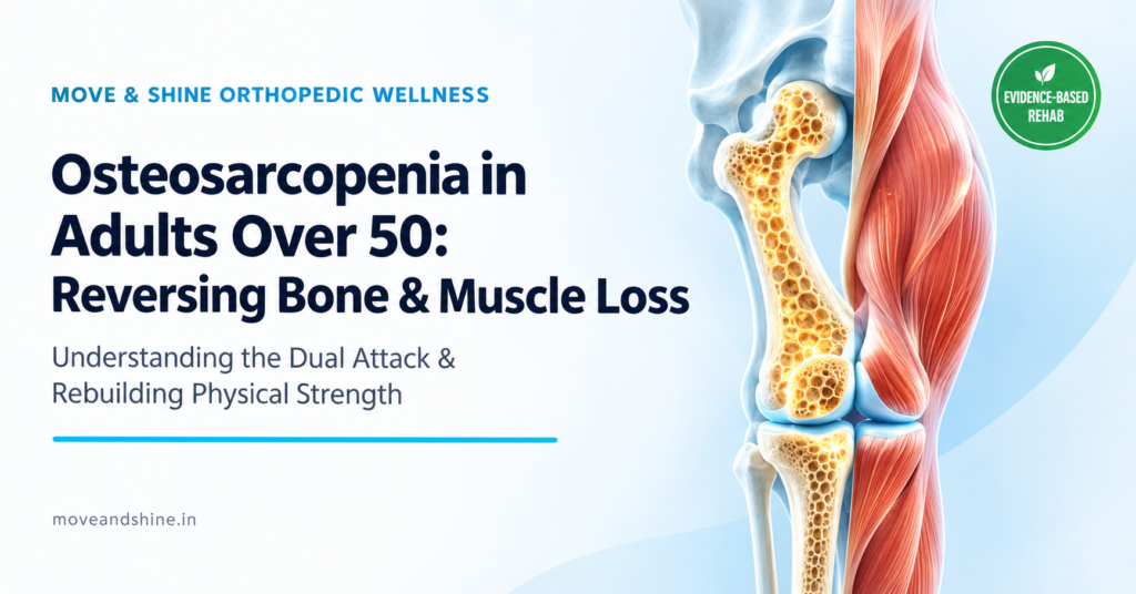 Osteosarcopenia in adults over 50 banner featuring Move & Shine Orthopedic Wellness guide on reversing bone and muscle loss.