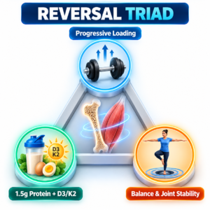 Three-pillar infographic triangle showing progressive resistance loading, high-protein nutrition with Vitamin D3/K2, and balance training for osteosarcopenia reversal."